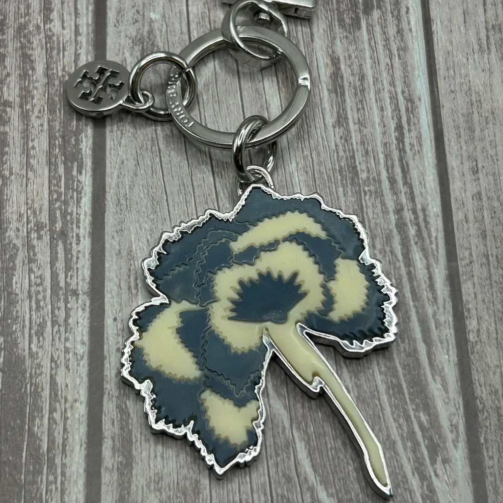 TORY BURCH Carnation Enamel Bag Charm/ Keychain Blue White Silver